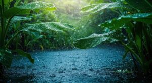 lush green foliage and heavy rain creating a tranquil and refreshing natural scene photo