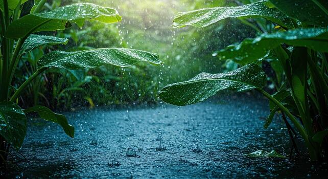 అకాల వర్షానికి నలుగురు రైతులు బలి lush green foliage and heavy rain creating a tranquil and refreshing natural scene photo